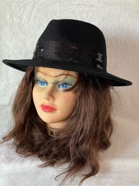 Callanan black fedora hat featuring a sequin embellished band one size